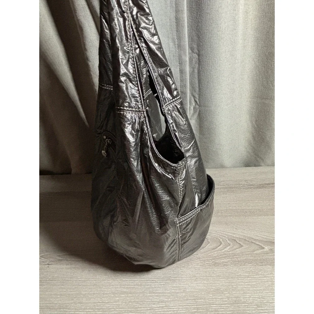 Kathy Van Zeeland Metallic Pewter Crinkle Hobo Bag Crowned Heart Y2K Style 90s